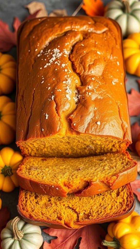 Moist Pumpkin Bread Cake Recipe A golden brown pumpkin bread cake with powdered sugar, surrounded by pumpkins and autumn leaves.